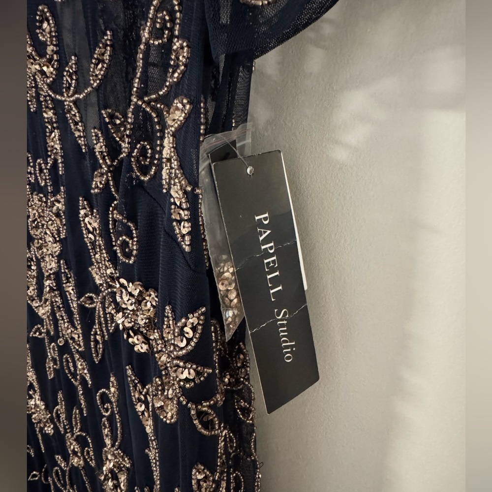 Adrianna Papell Navy Floral Beaded Gown - Picture 9 of 10